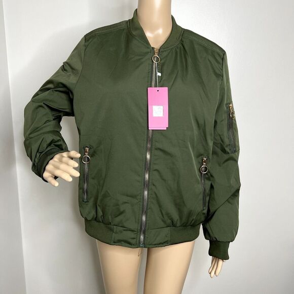 Army Green Quilted Windbreaker Zip Up Jacket - Picture 1 of 8